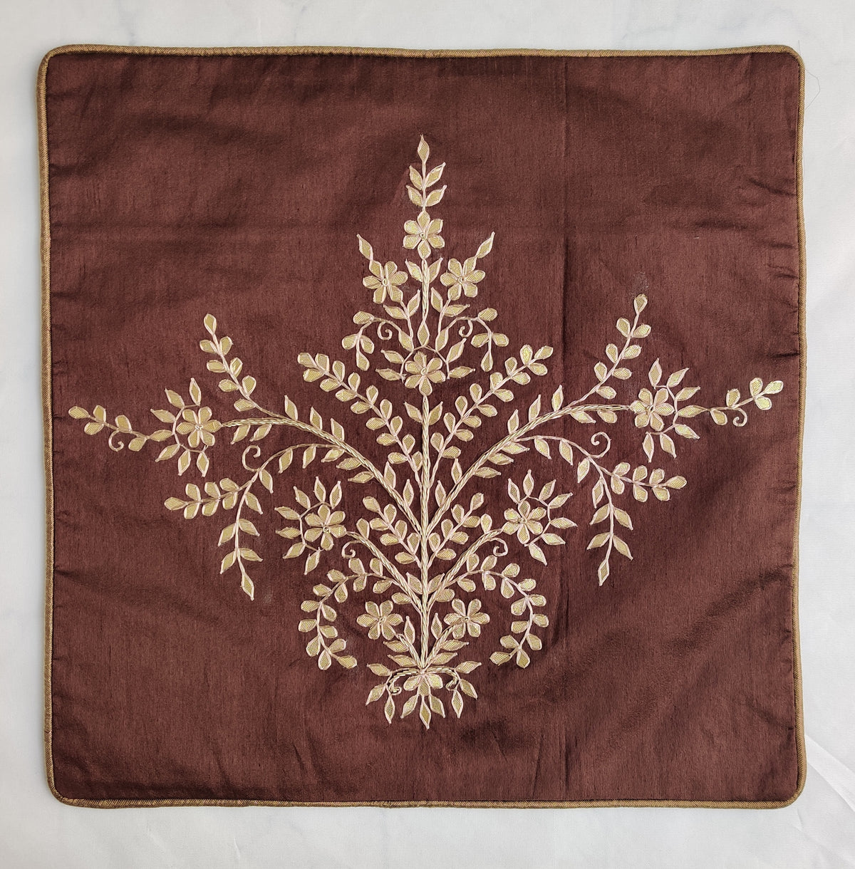 Gota Patti cushion cover - Brown - Large floral boota cushion cover - 16x16 inches - Decorative Cushions by Kari by Kriti