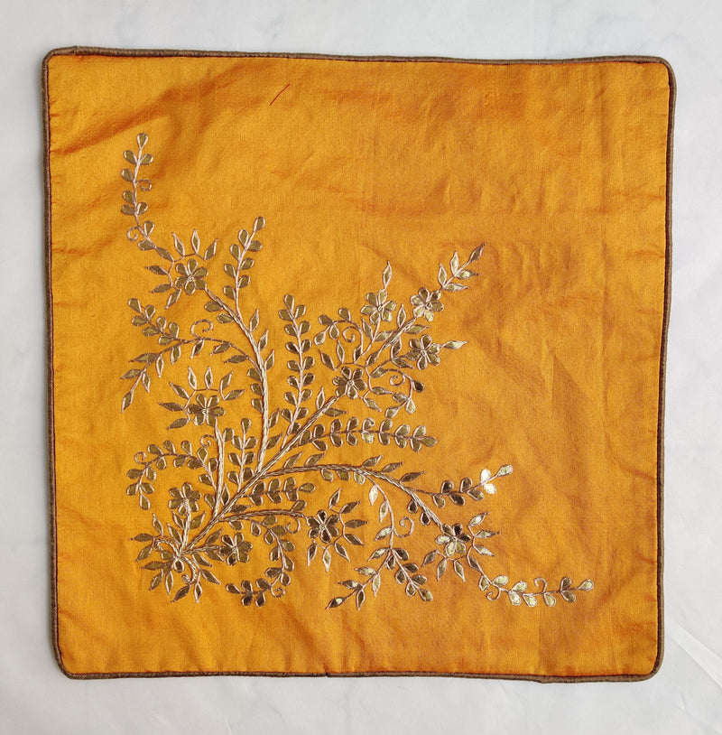Gota Patti cushion cover - Orange - Large floral corner boota cushion cover - 16x16 inches