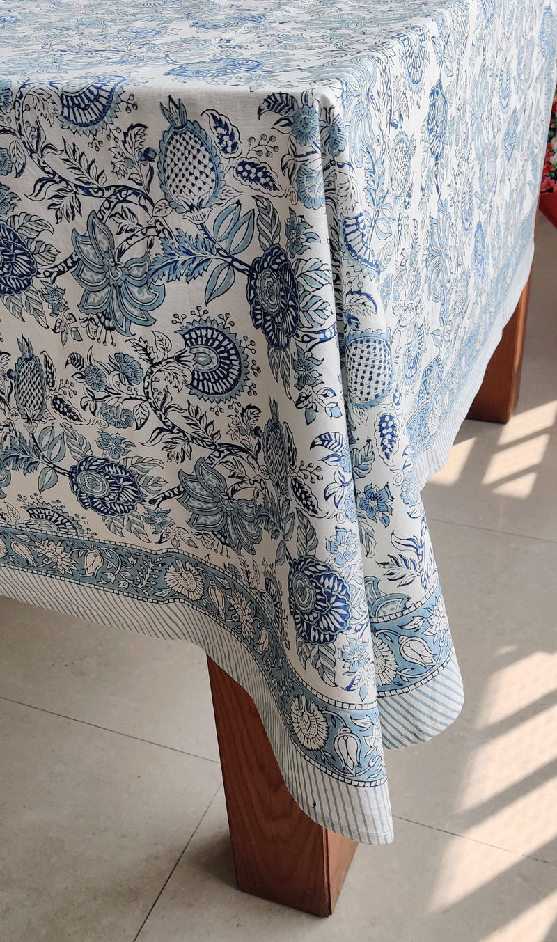 Light Blue Block print tablecloth - 6 seater block print table cover- 60x90 inches