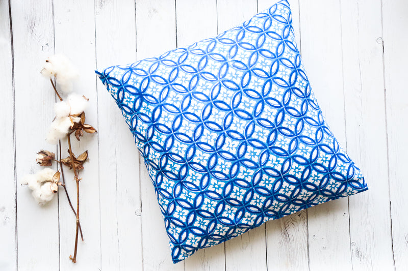 Block print decorative cushion covers - 16x16 inches - Blue Geometric cushion covers