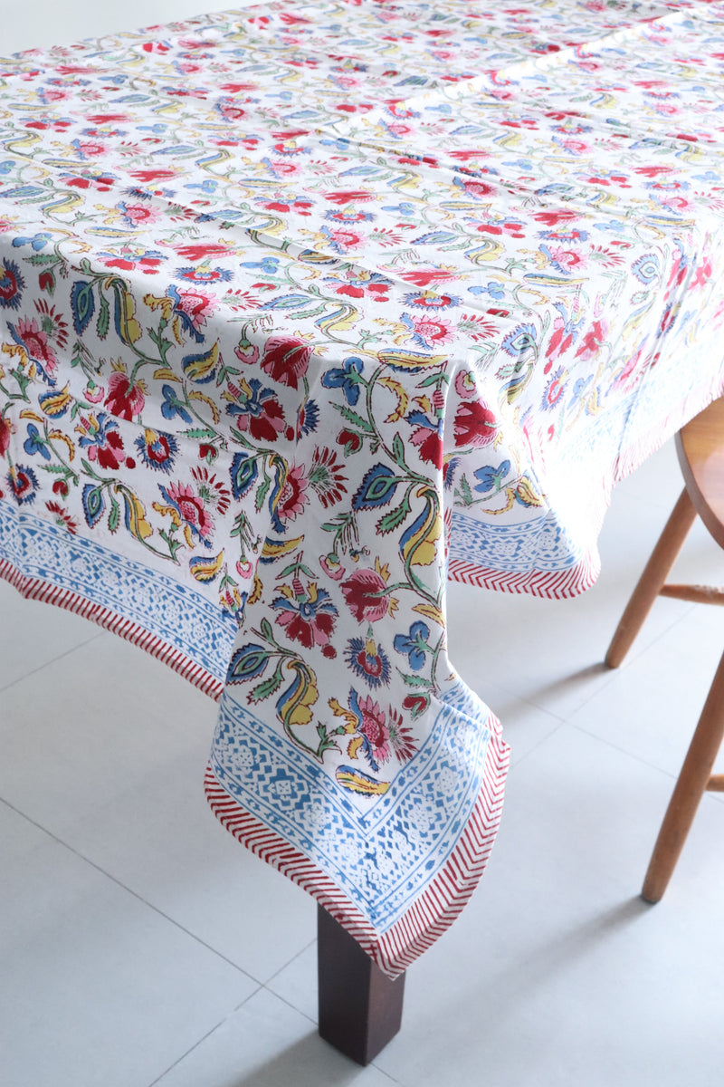 Colourful floral tablecloth - 8 seater block print table cover - 60x120 inches - Gulmohar