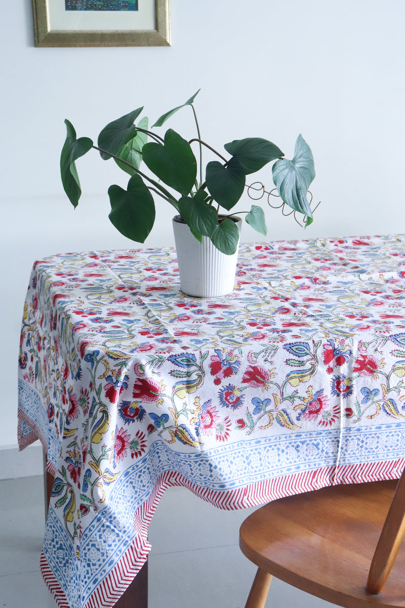 Colourful floral tablecloth - 8 seater block print table cover - 60x120 inches - Gulmohar