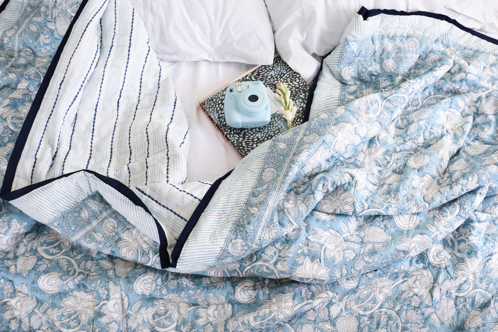 Norway block print AC quilt in floral cotton, available in single queen and king sizes, handmade by Kari by Kriti
