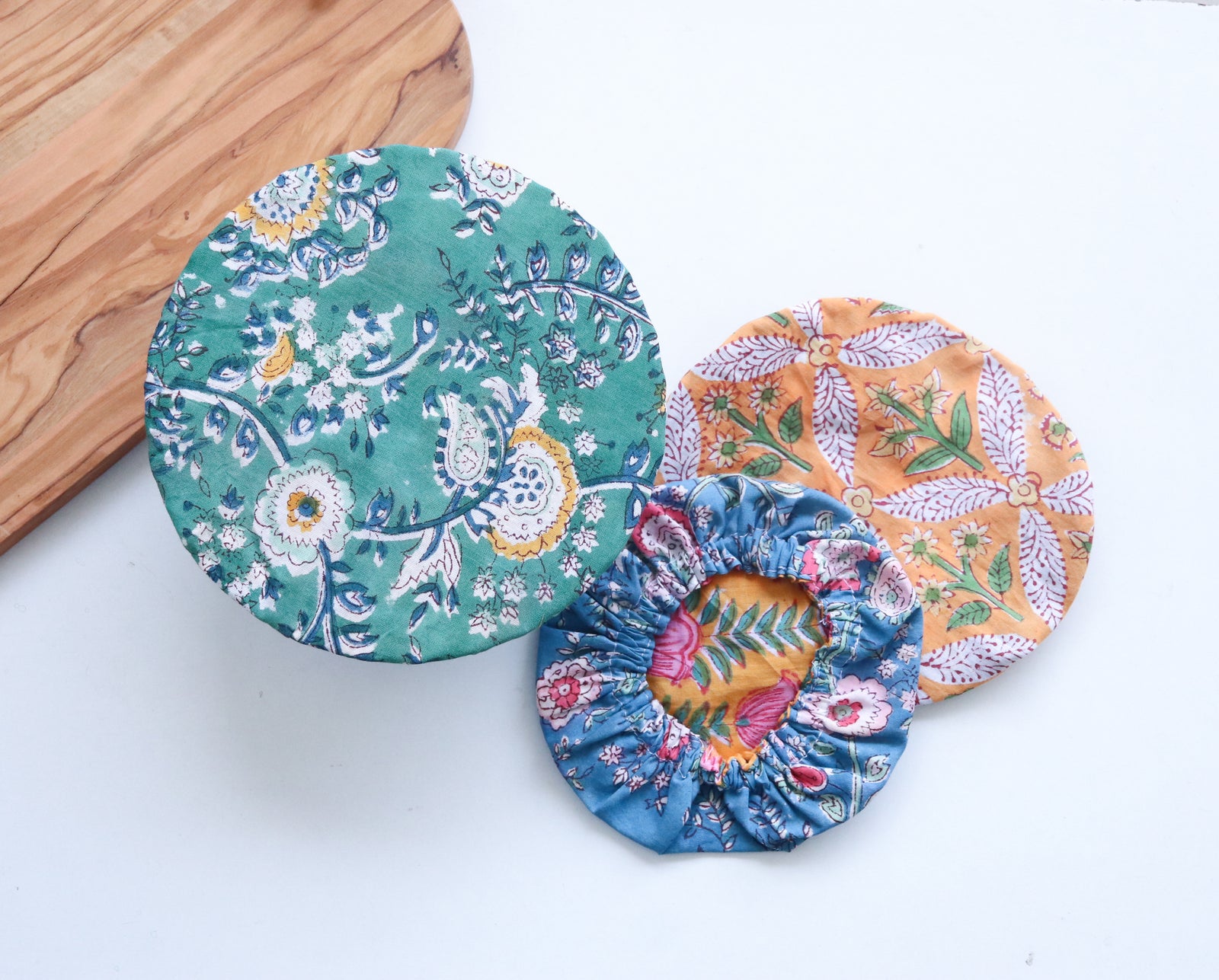 Eco-friendly reusable block print bowl covers, assorted set of 2, handmade cotton by Kari by Kriti
