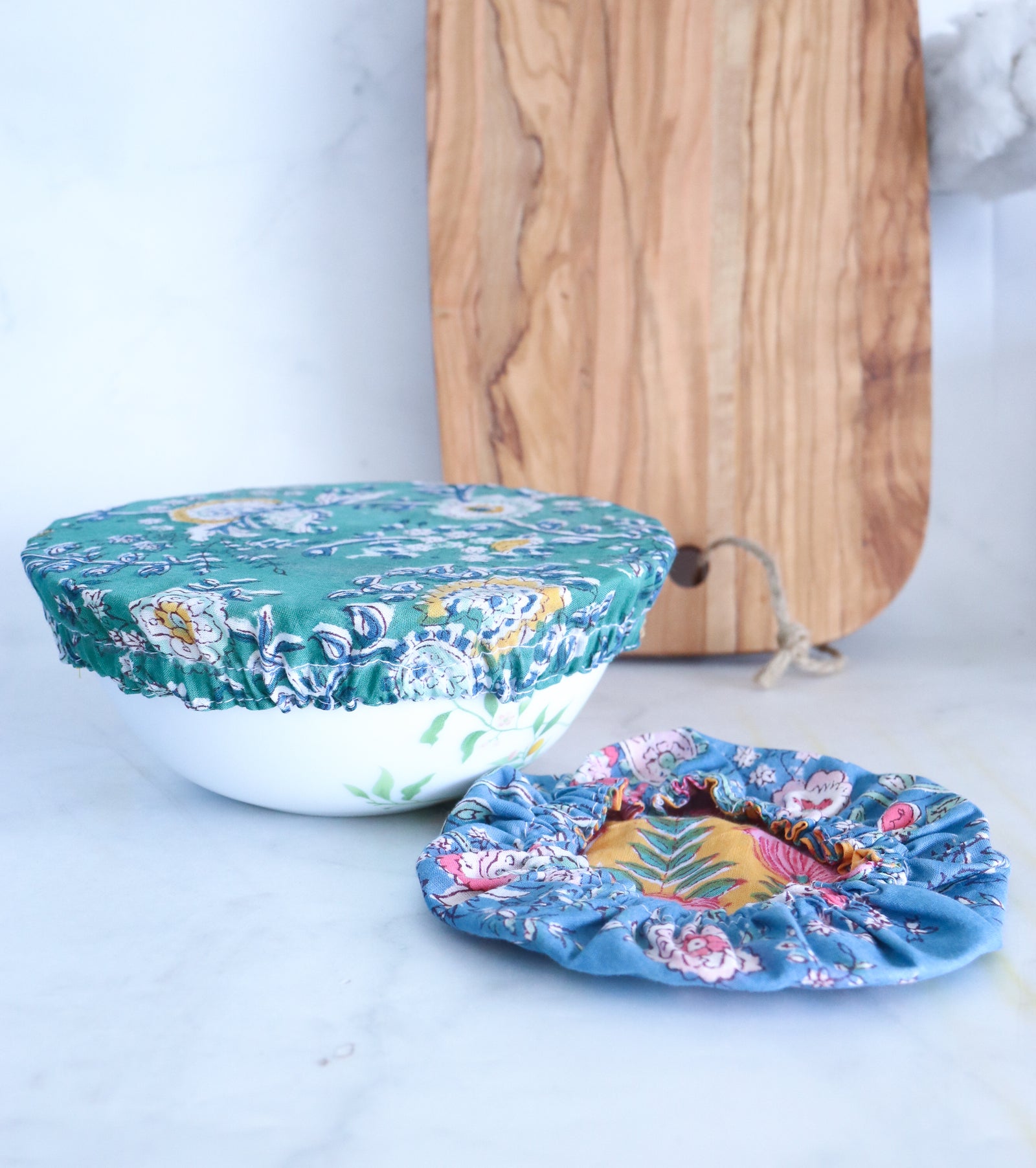 Eco-friendly reusable block print bowl covers, assorted set of 2, handmade cotton by Kari by Kriti
