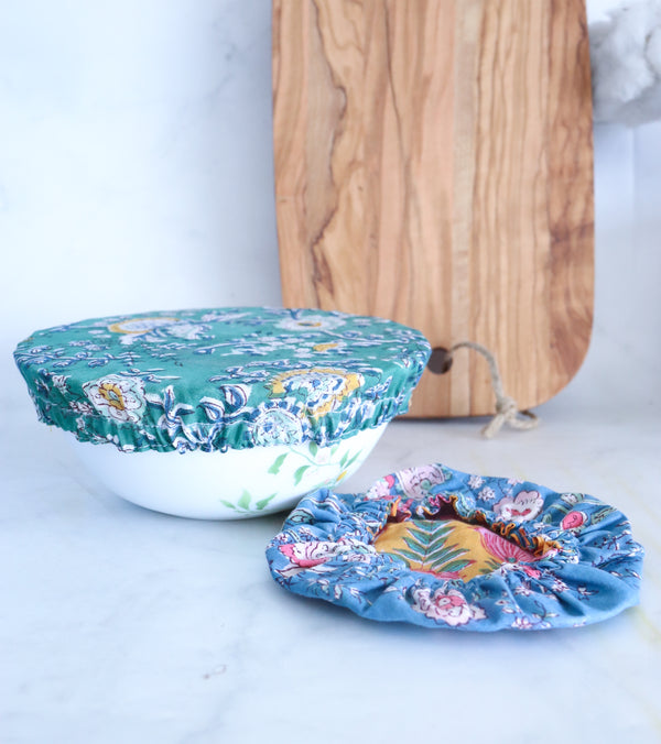 Eco-friendly reusable block print bowl covers, assorted set of 2, handmade cotton by Kari by Kriti
