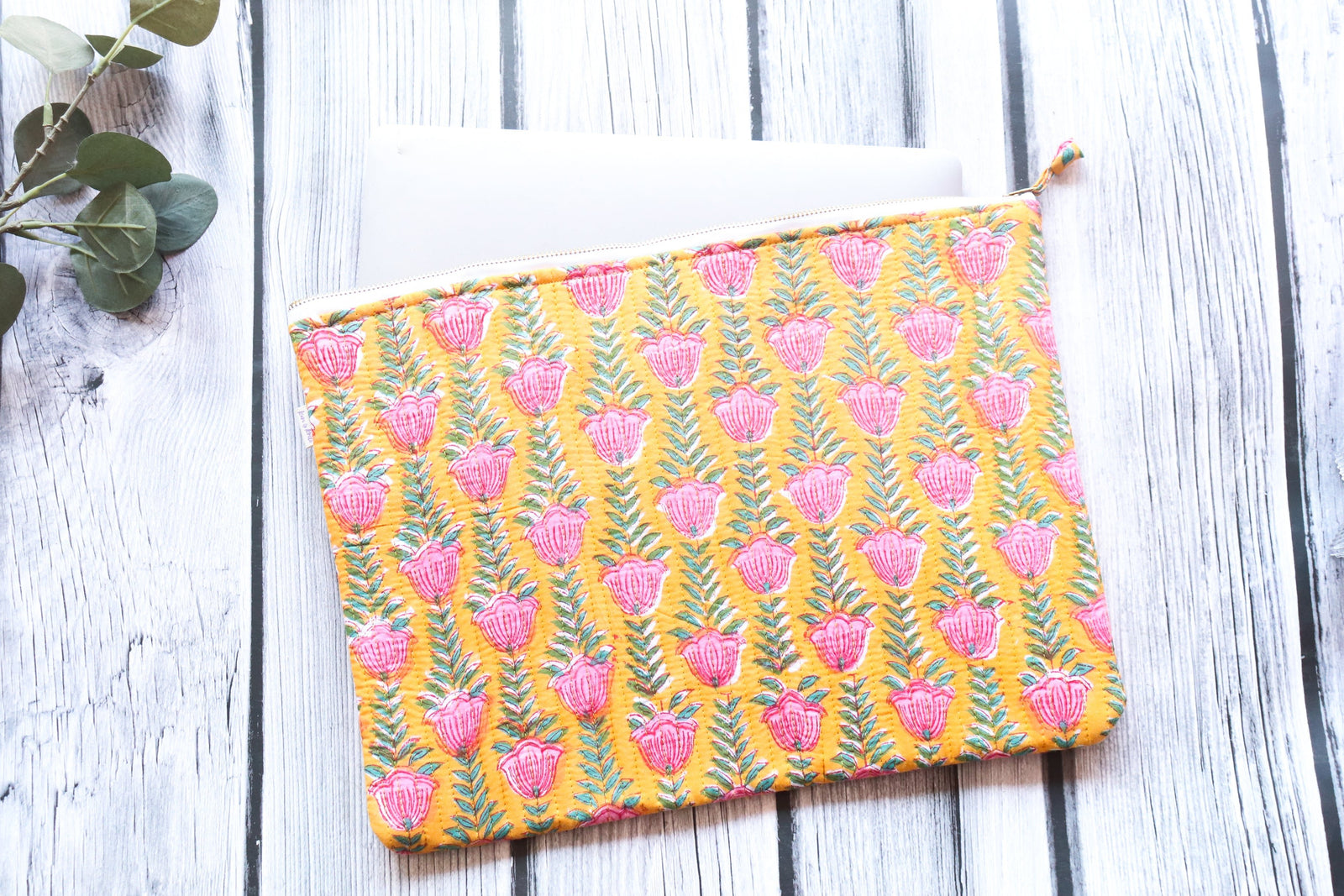 Yellow tulips block print quilted laptop sleeve, fits 13 to 15 inch laptops, handmade by Kari by Kriti
