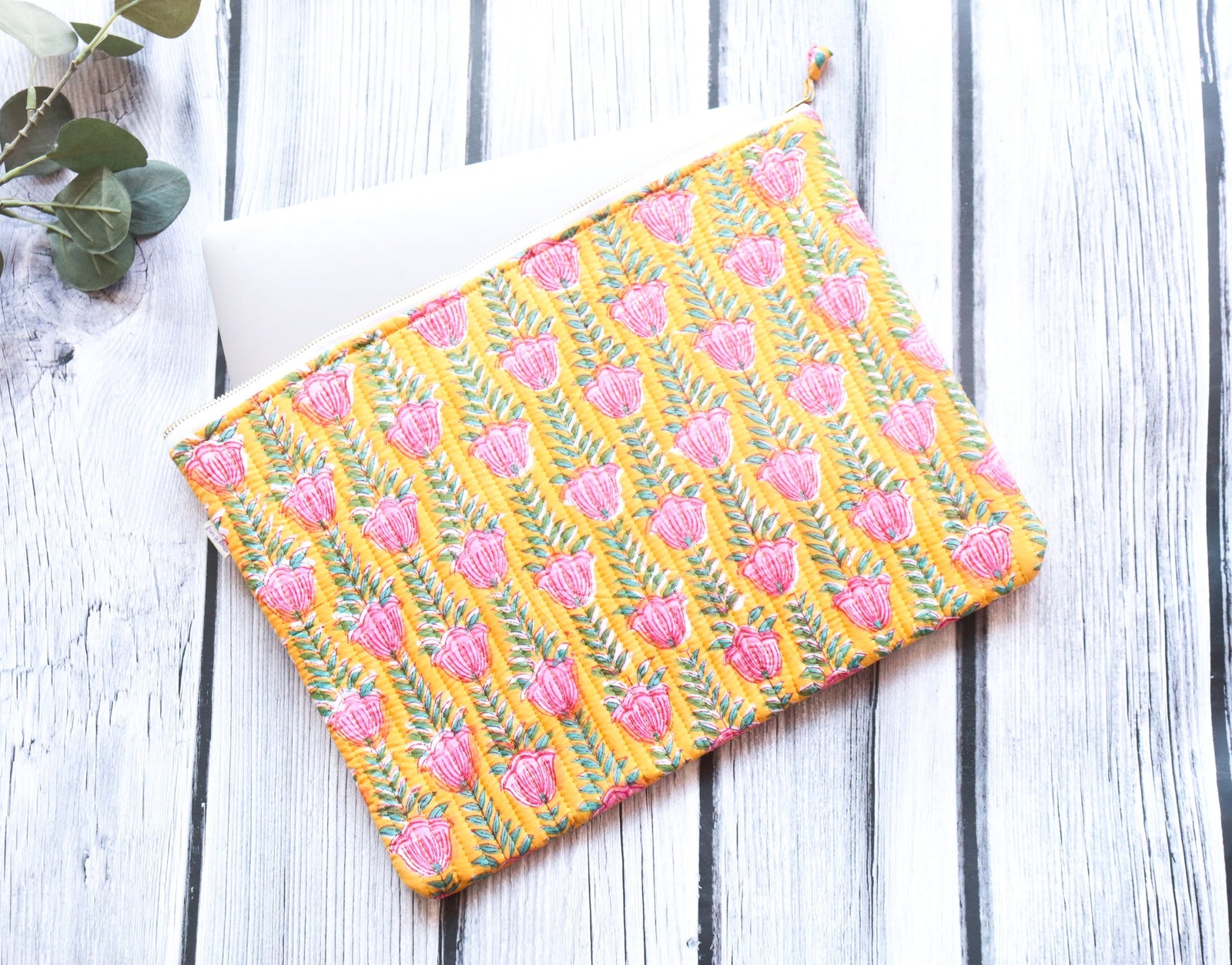 Yellow tulips block print quilted laptop sleeve, fits 13 to 15 inch laptops, handmade by Kari by Kriti
