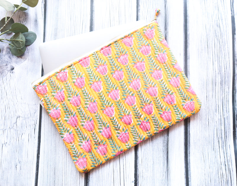 Block print Laptop sleeves - Laptop cover - Yellow tulips - 13 inch, 14 inch & 15 inch