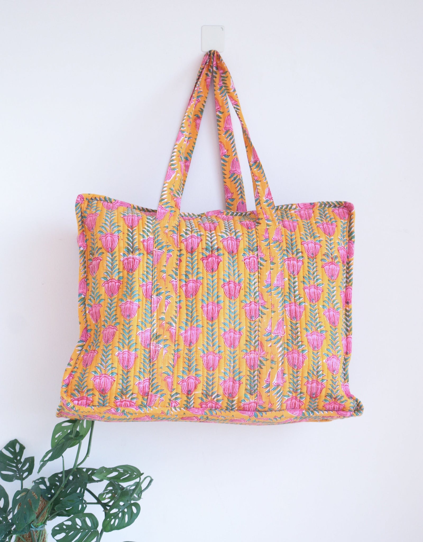 Bright yellow XL block print quilted tote bag, oversized beach and shopping bag by Kari by Kriti
