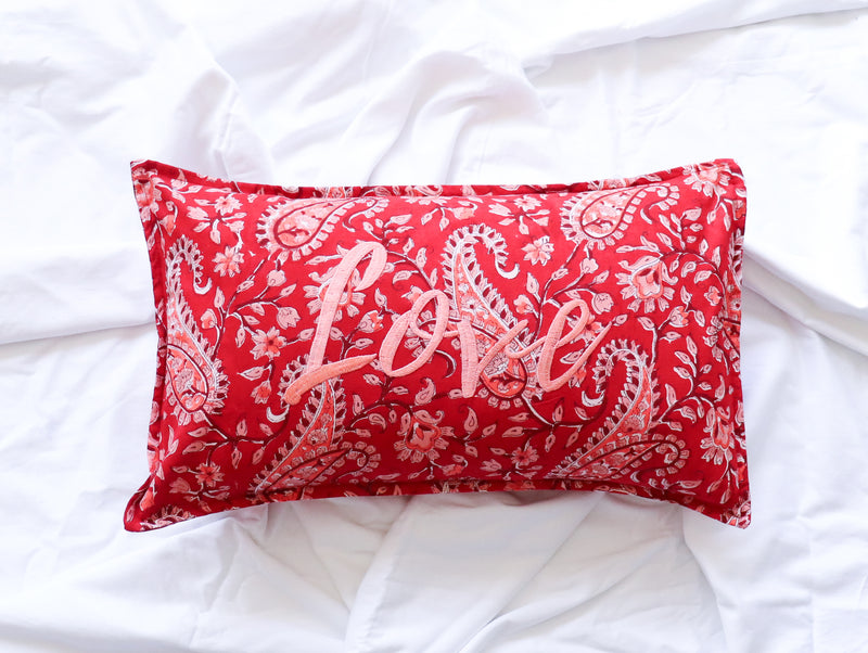 Love Block print Word Pillow - Embroidery on Block print fabric - 12x20 inches