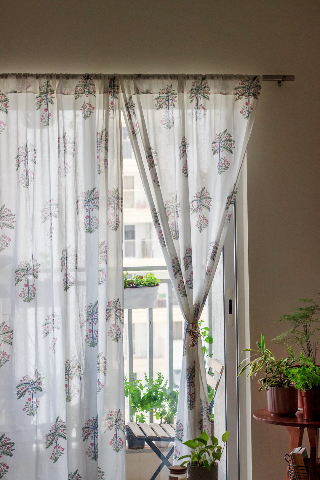 Sale - Floral Palm tree sheer curtain - Cotton mulmul curtains - Light weight curtains - Curtains by Kari by Kriti