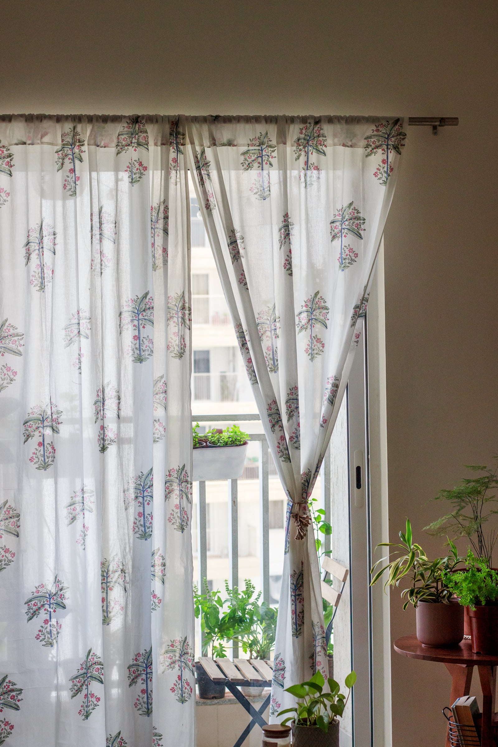 Sale - Floral Palm tree sheer curtain - Cotton mulmul curtains - Light weight curtains - Curtains by Kari by Kriti
