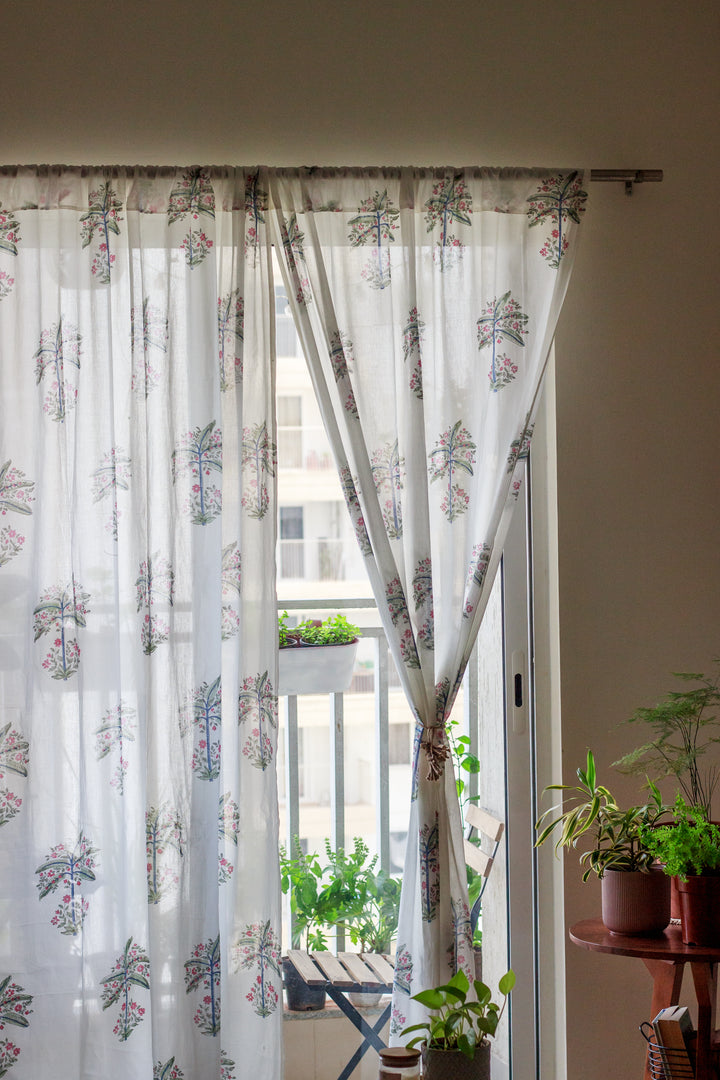 Sale - Floral Palm tree sheer curtain - Cotton mulmul curtains - Light weight curtains - Curtains by Kari by Kriti