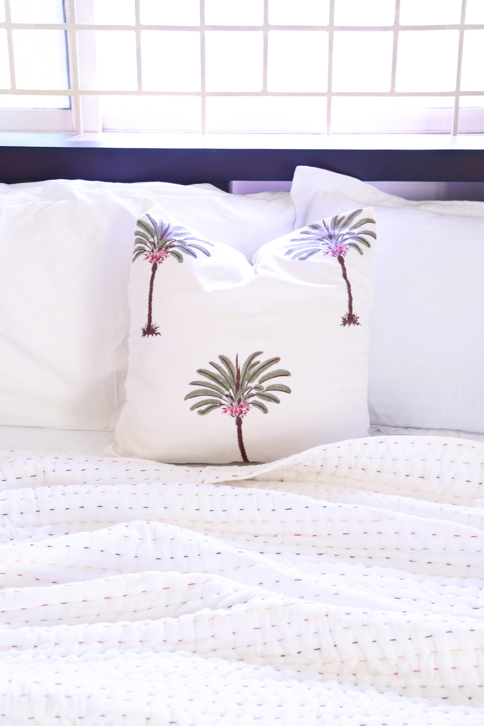 Palm tree block print decorative cushion covers, 16x16 inches, handmade by Kari by Kriti
