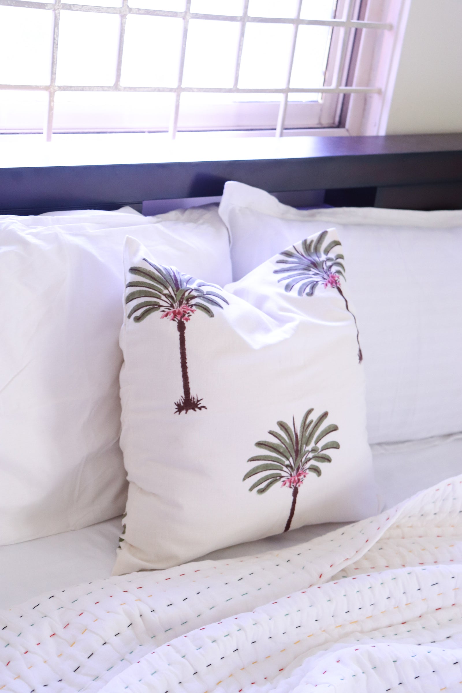 Palm tree block print decorative cushion covers, 16x16 inches, handmade by Kari by Kriti
