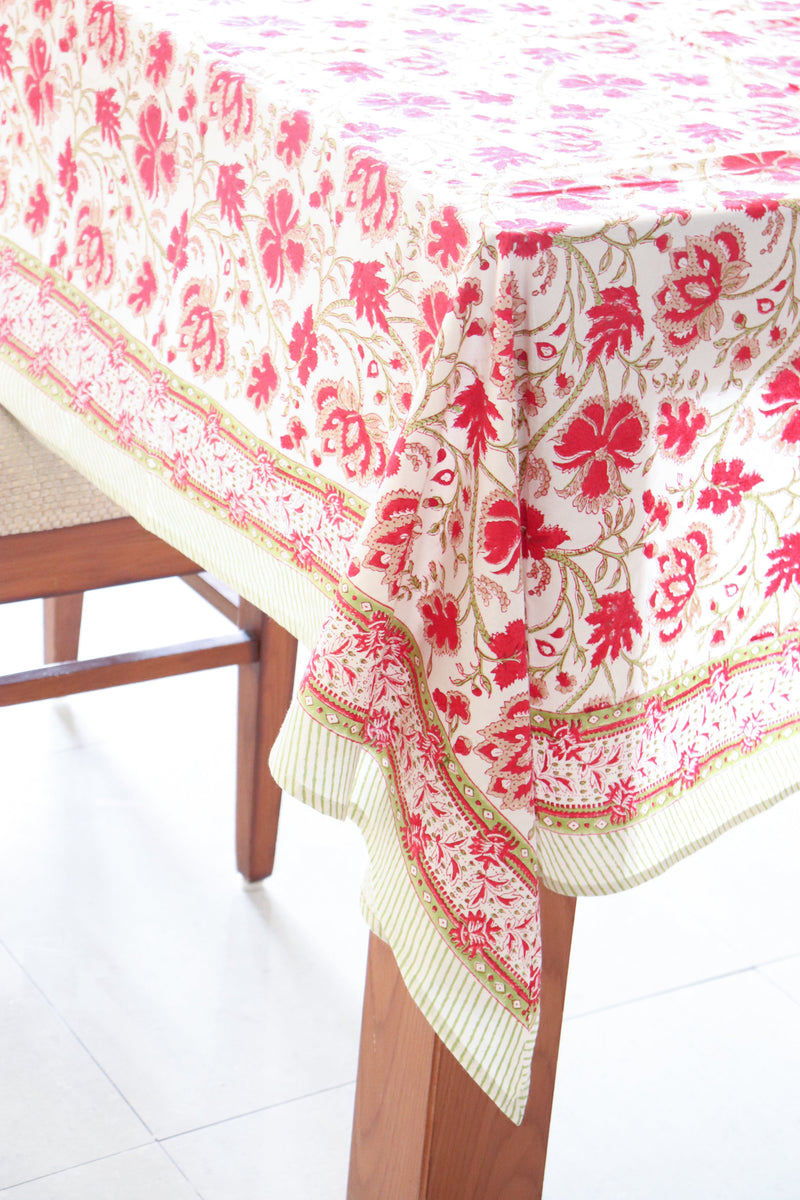 Red and green floral tablecloth - 8 seater block print table cloth - 60x120 inches