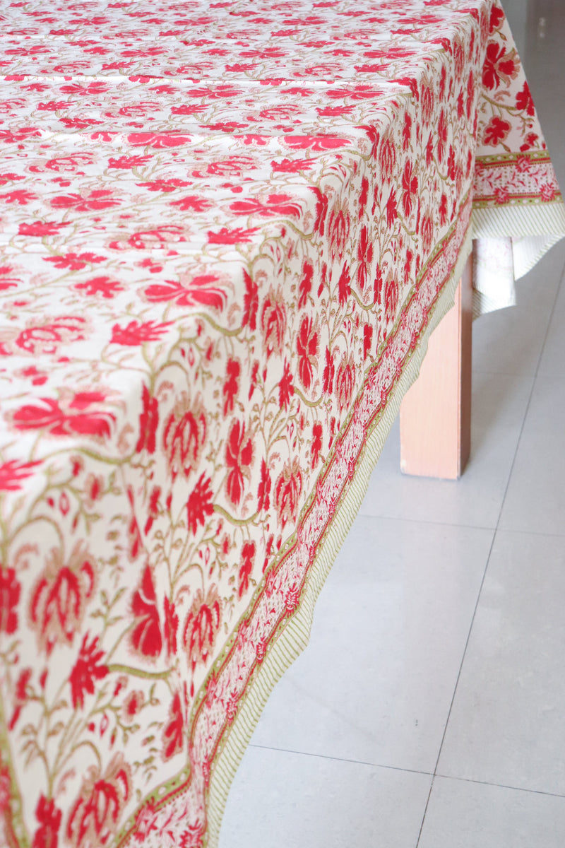 Red and green floral tablecloth - 8 seater block print table cloth - 60x120 inches