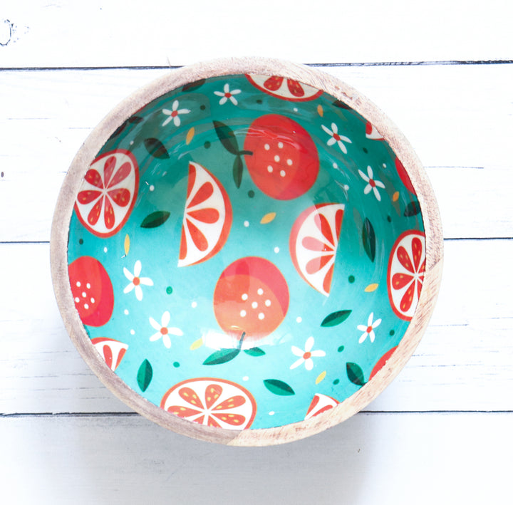 Small wood serving bowls - Mango wood bowls - Enamel printed wooden bowls - Oranges