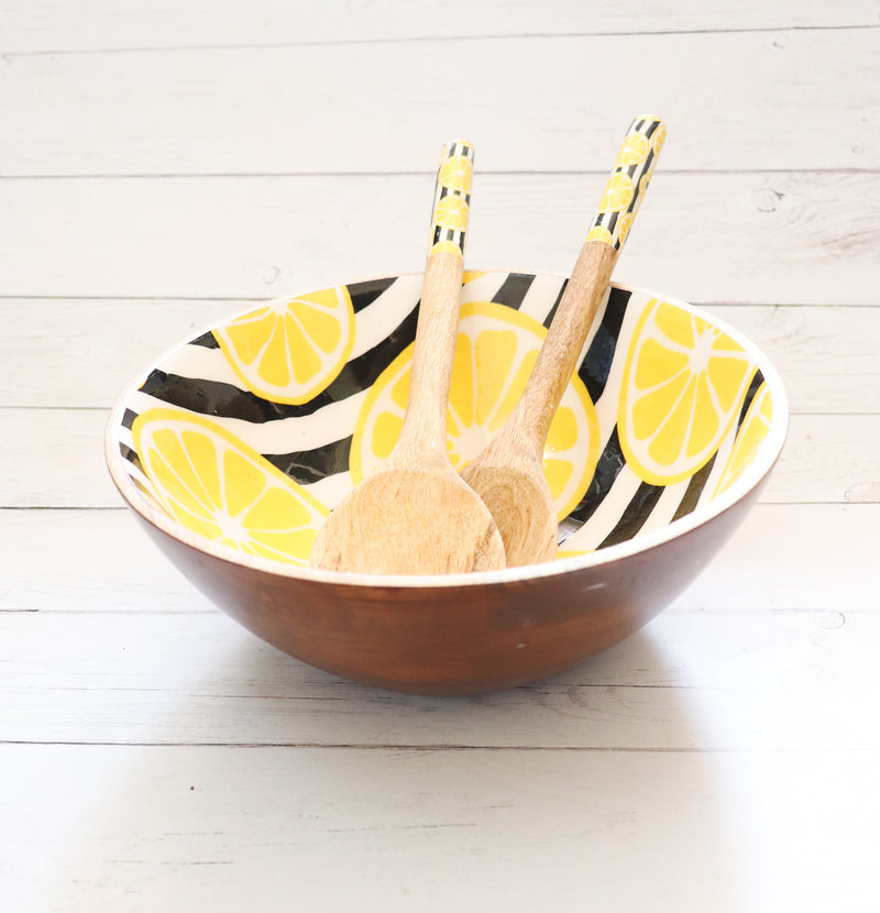 Large serving bowl and server set - Mango Wood bowls - Wooden salad bowls with servers - Lemons