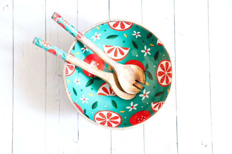 Large serving bowl and server set - Mango Wood bowls - Wooden salad bowls with servers - Oranges