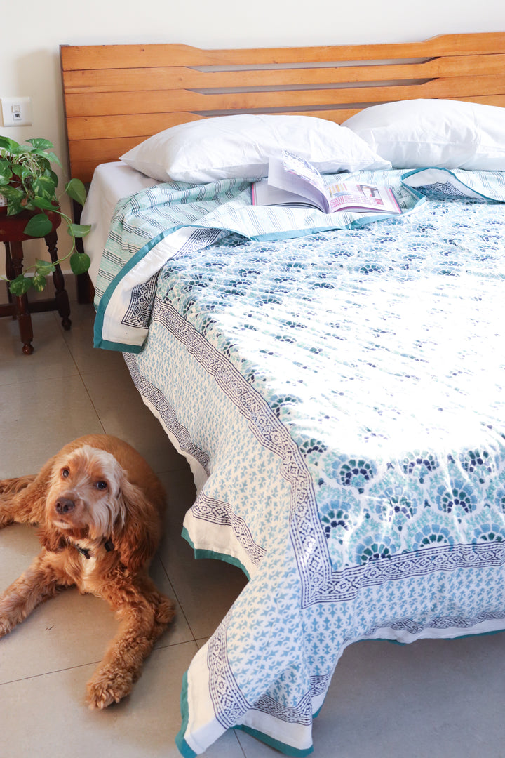 Green Block print Dohar - AC blanket - Mulmul Dohar with flannel- Queen and single size dohar