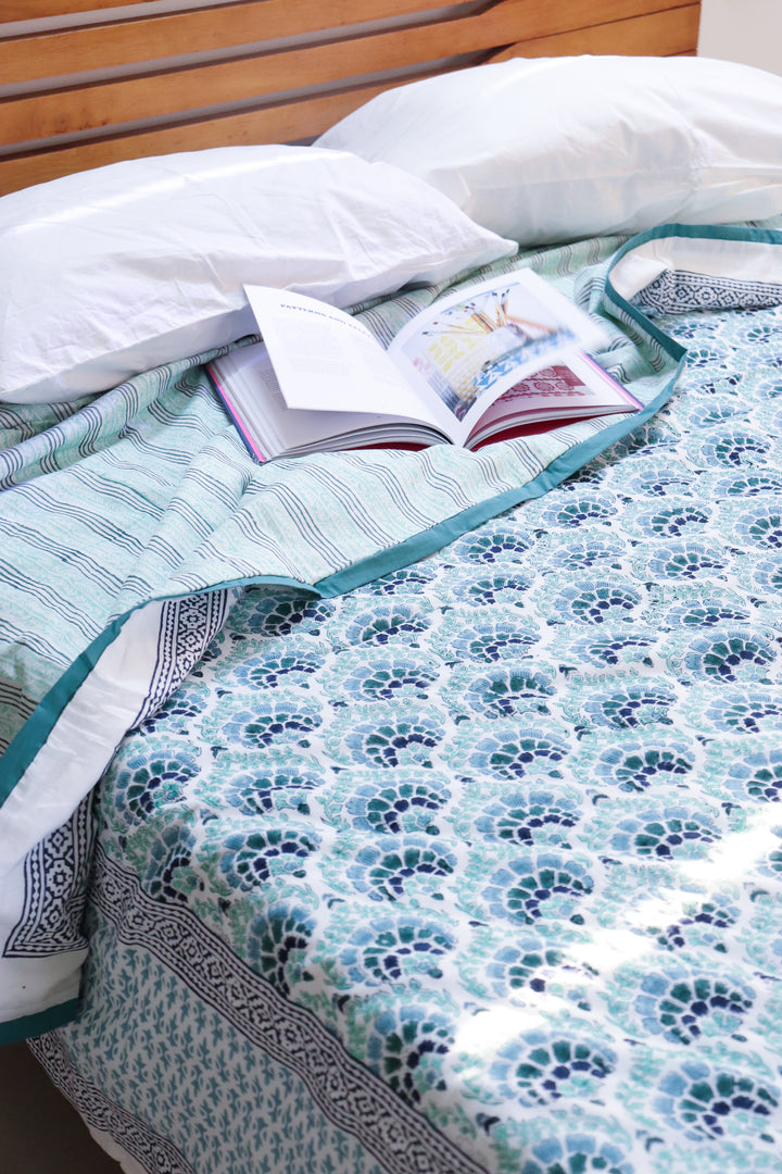 Green Block print Dohar - AC blanket - Mulmul Dohar with flannel- Queen and single size dohar