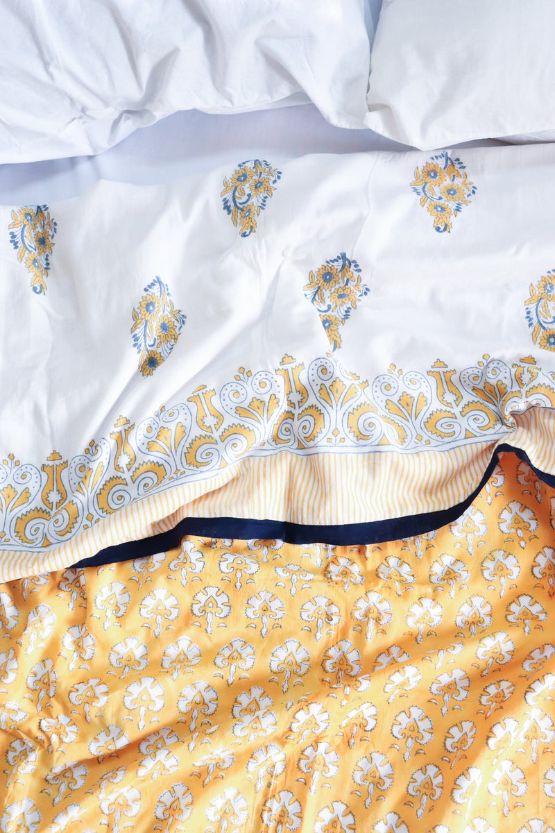 Yellow Block print Dohar -Mulmul Dohar with flannel