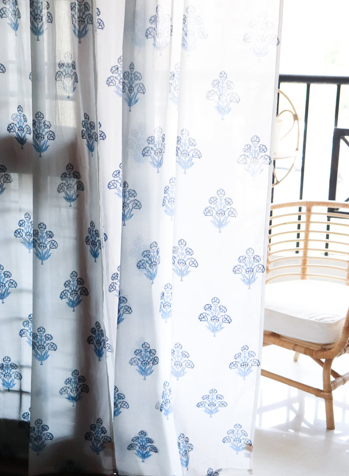 Blue poppy curtains - Blue sheer mulmul curtains