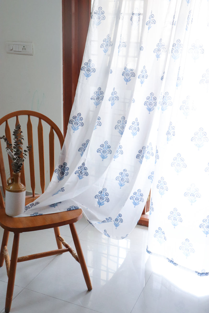 Blue poppy curtains - Blue sheer mulmul curtains