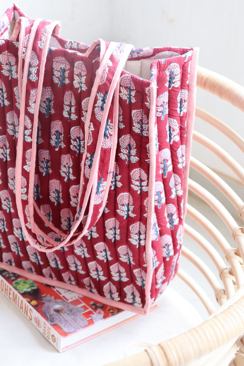 Block print tote bag - Boho quilted lunch bag