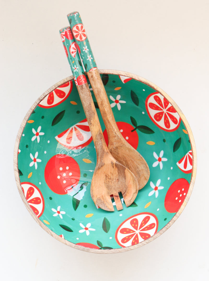 Large serving bowl and server set - Mango Wood bowls - Wooden salad bowls with servers - Oranges