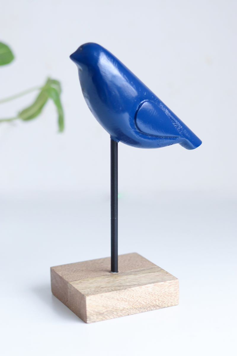 Birds stand - Wood carved bird on stand - Wooden bird Table decor - Blue - 1 piece