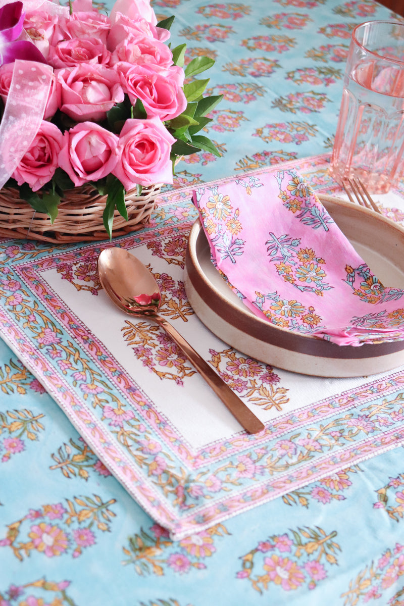 Turquoise floral tablecloth - 6 seater block print table cloth - 60x90 inches - Gulshan