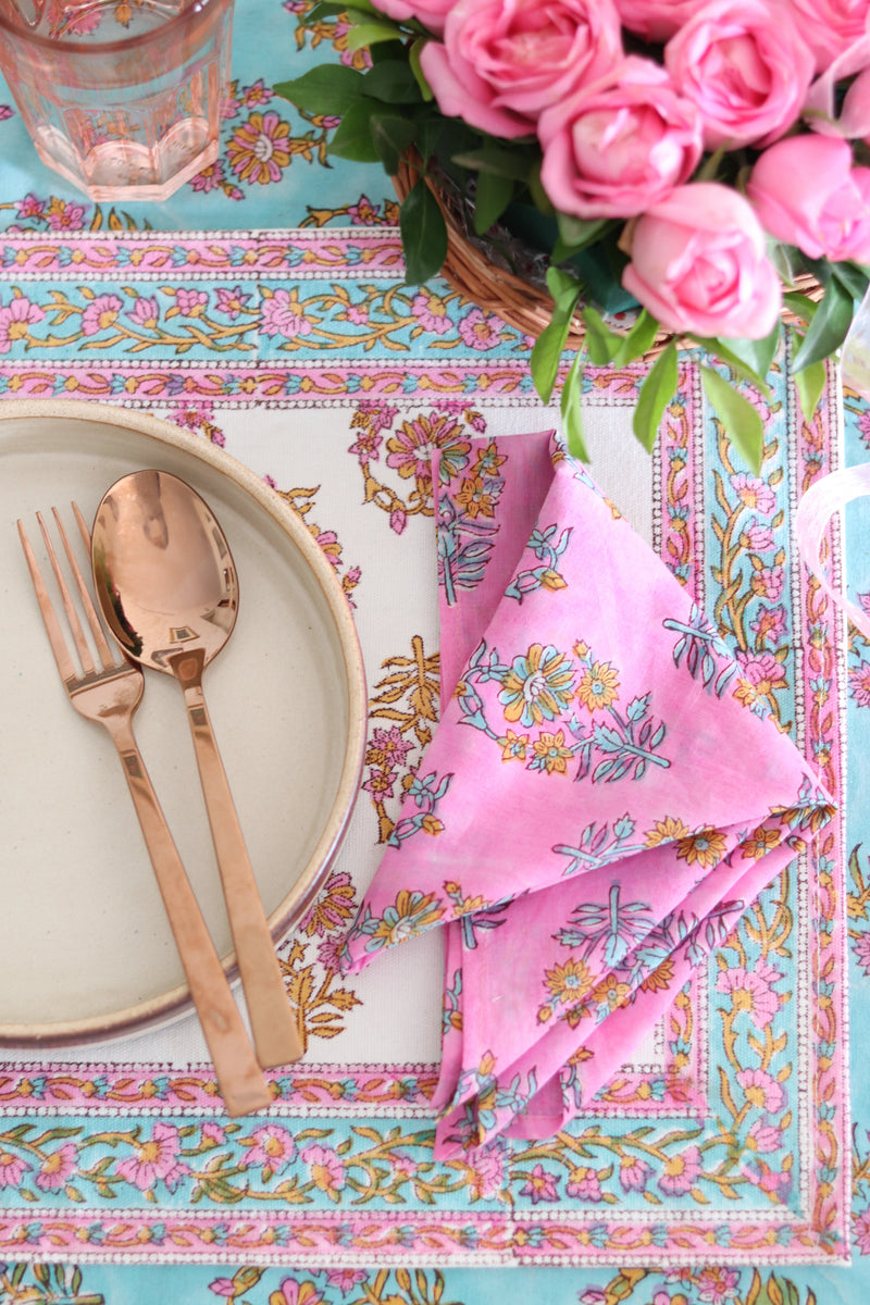 Pink and turquoise Block print napkins - Light weight dinner napkins - set of 6 napkins