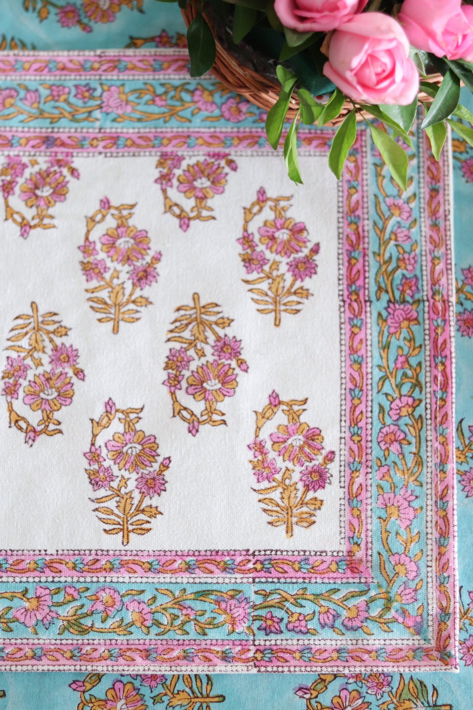 Rani Pink floral placemats - Block print placemats - Table mats set of 6 - 13x19 inches - back view