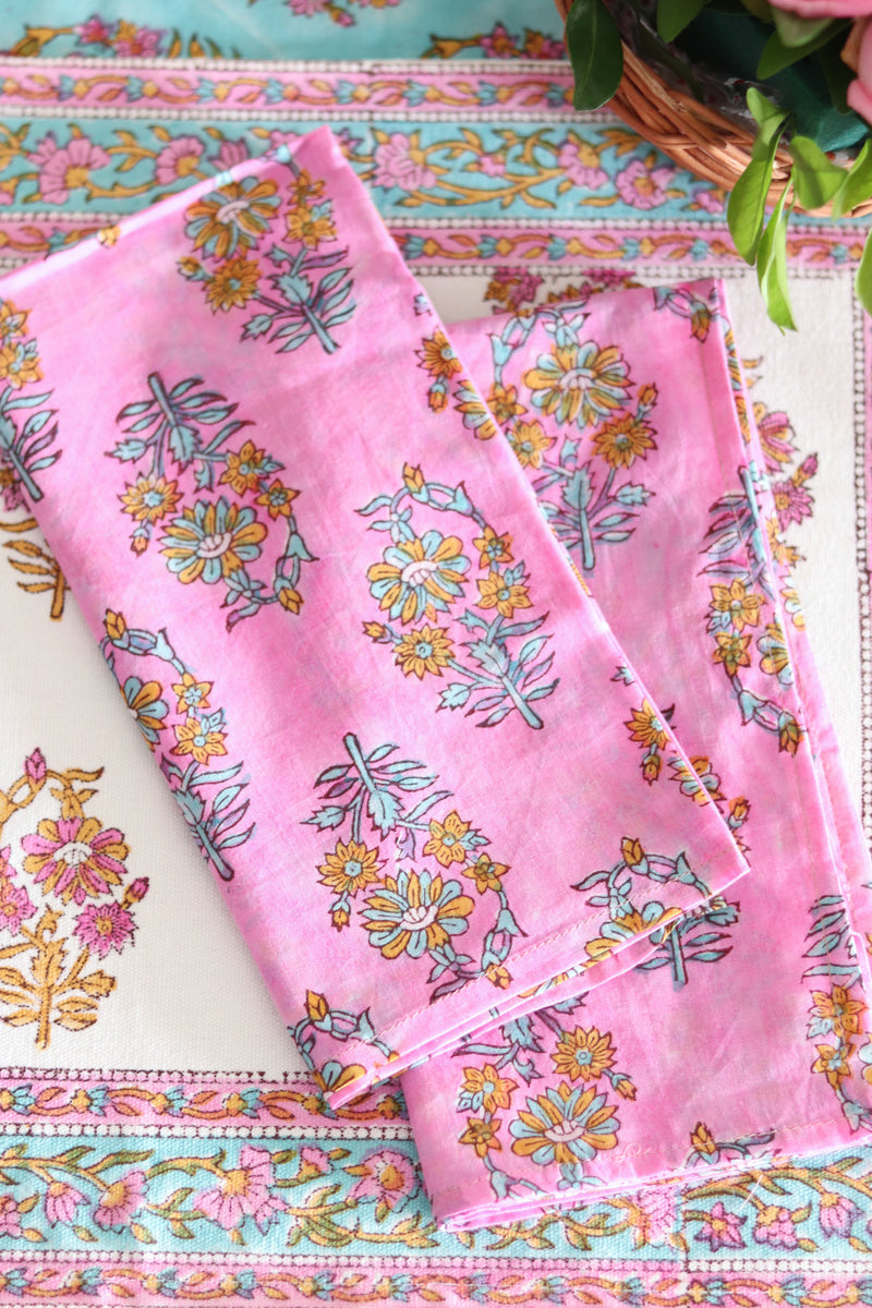 Pink and turquoise Block print napkins - Light weight dinner napkins - set of 6 napkins