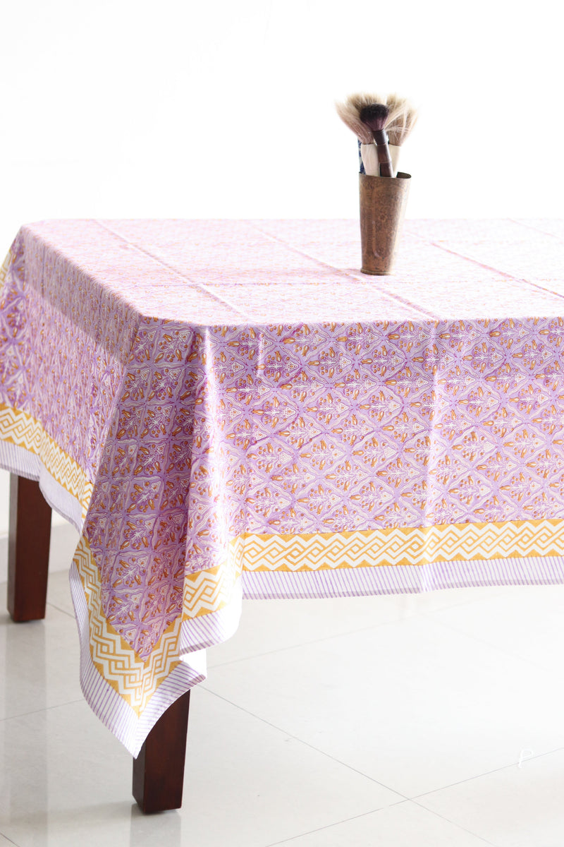 Lilac floral tablecloth - 8 seater block print table cloth - 60x120 inches - Neel