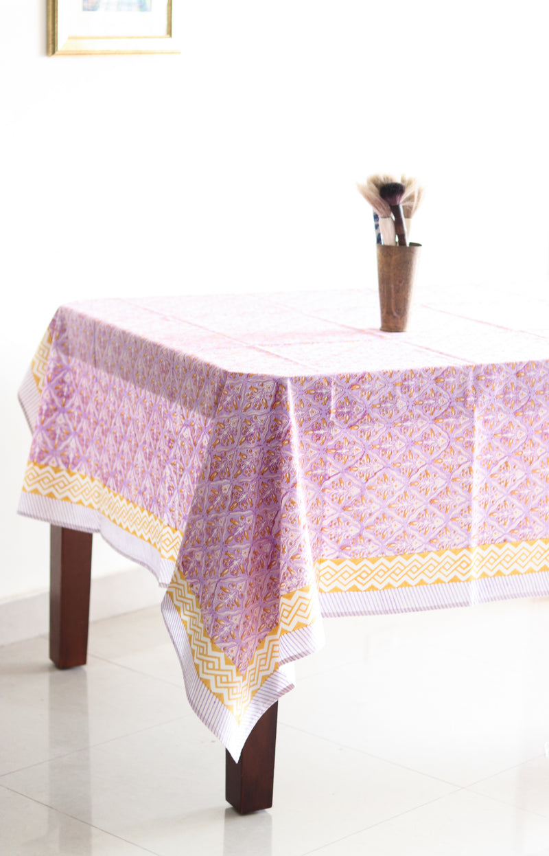 Lilac floral tablecloth - 6 seater block print table cloth - 60x90 inches - Neel