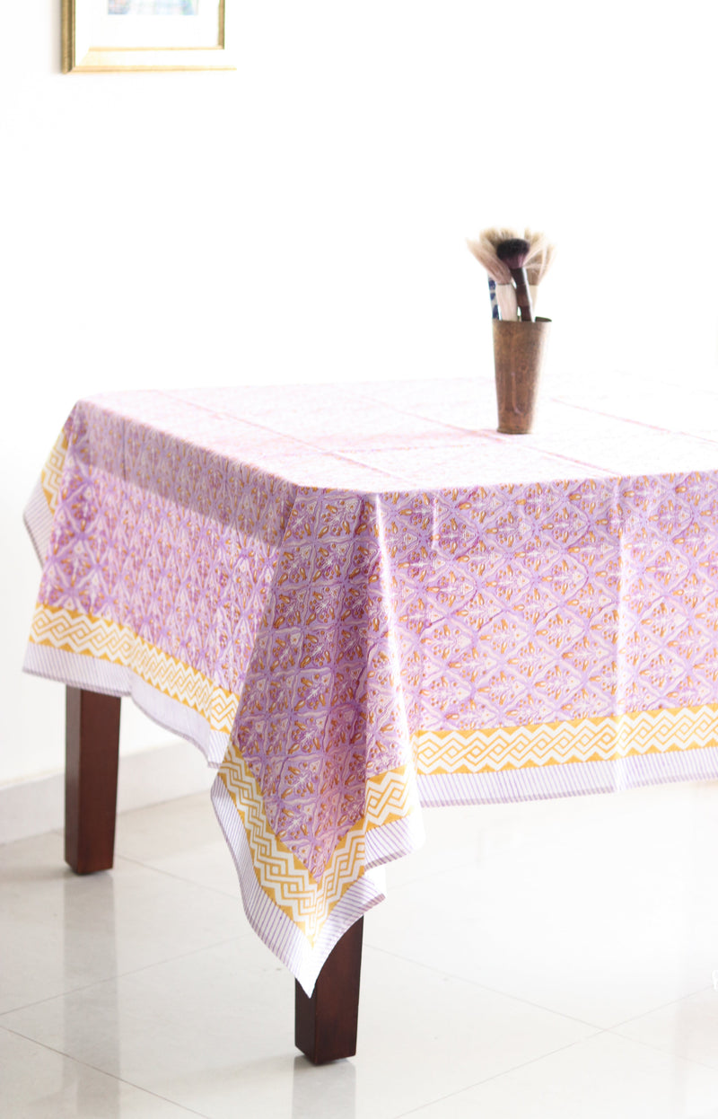 Lilac floral tablecloth - 8 seater block print table cloth - 60x120 inches - Neel