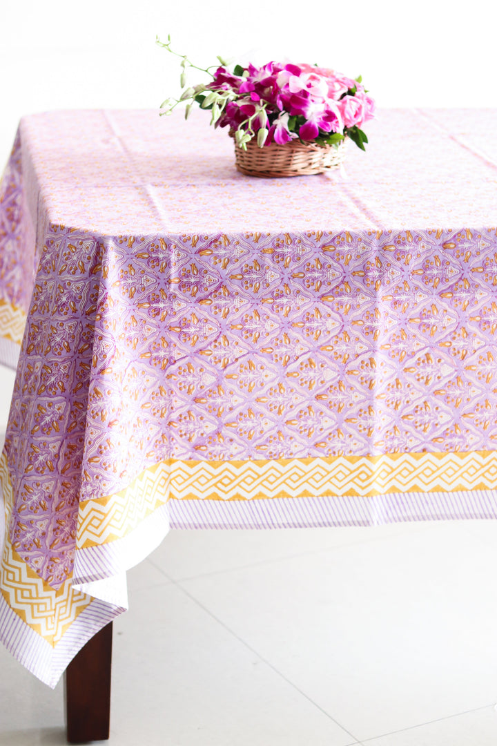 Lilac floral tablecloth - 8 seater block print table cloth - 60x120 inches - Neel