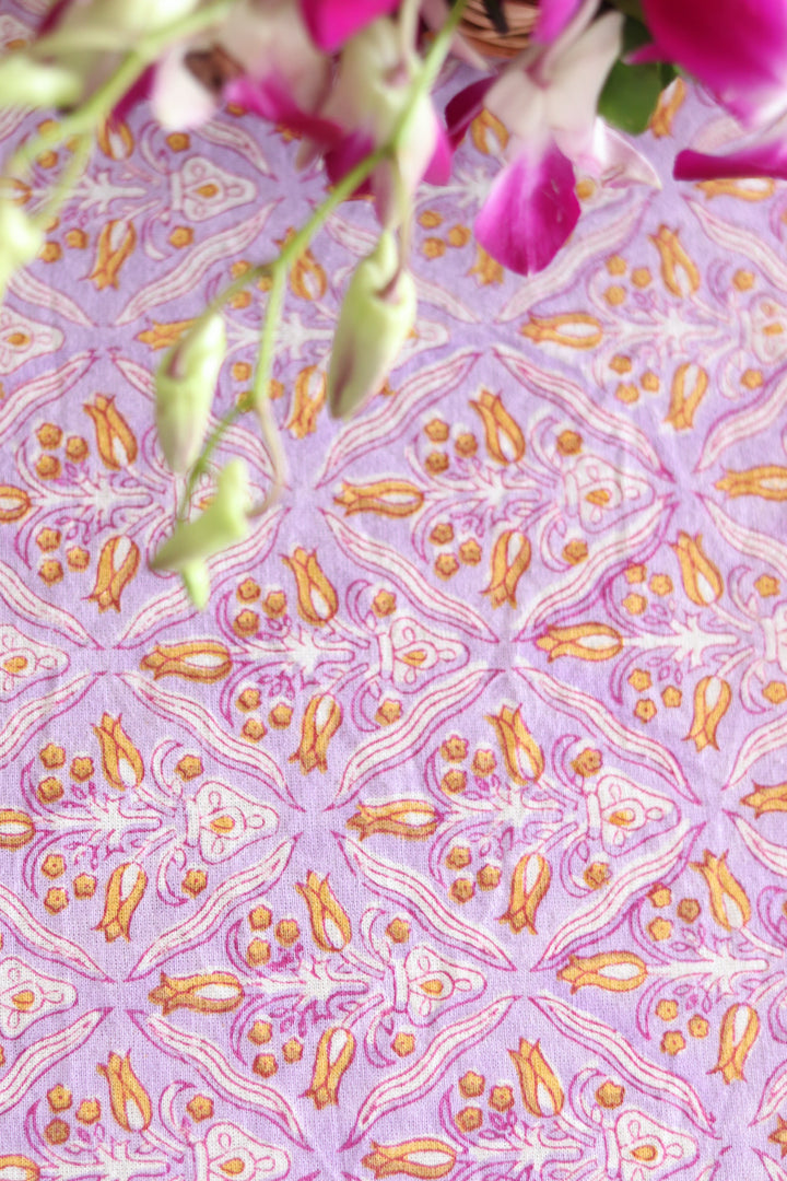 Lilac floral tablecloth - 8 seater block print table cloth - 60x120 inches - Neel