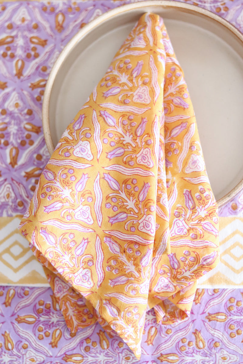Yellow and lilac Block print napkins - Light weight dinner napkins - set of 6 napkins