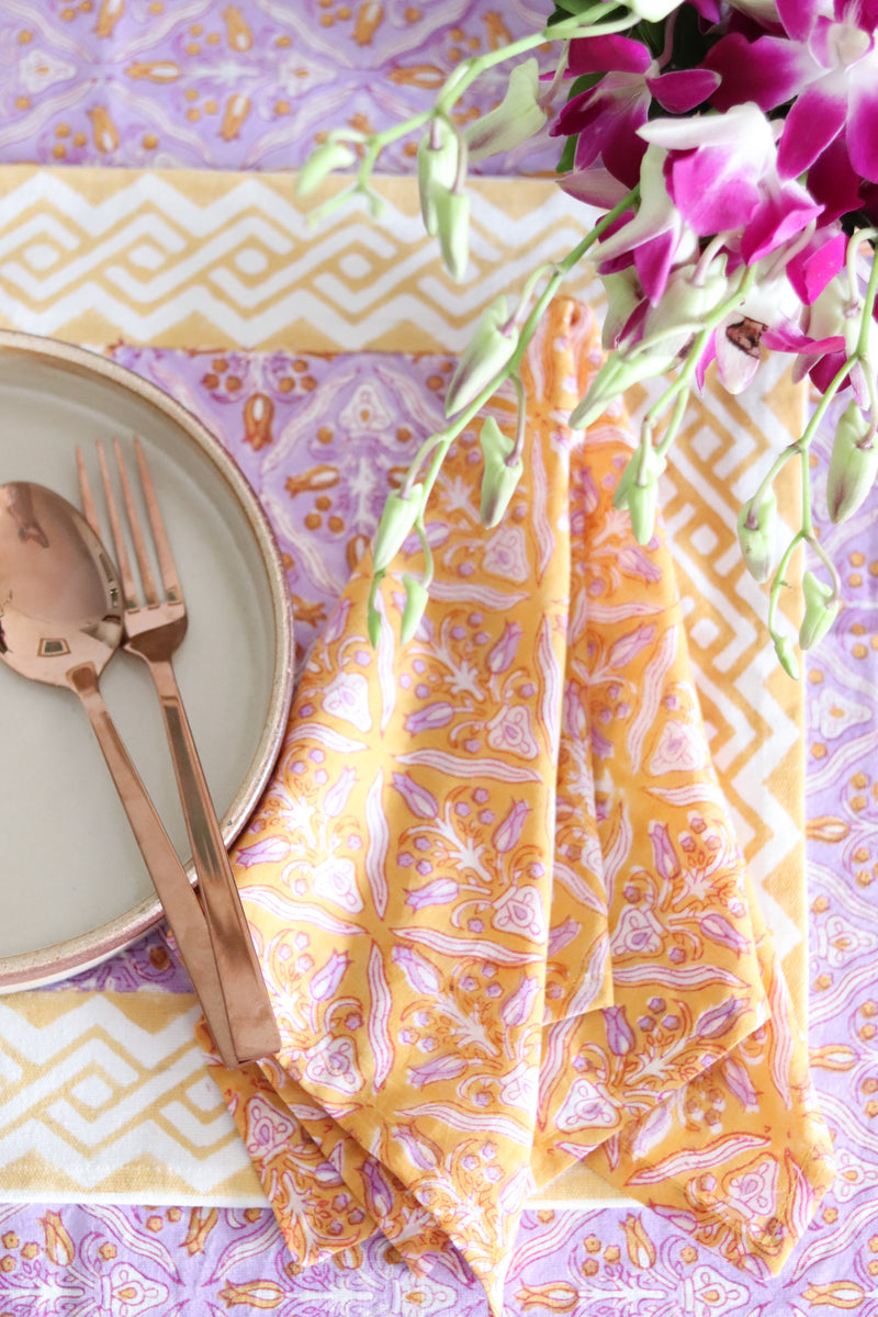 Yellow and lilac Block print napkins - Light weight dinner napkins - set of 6 napkins