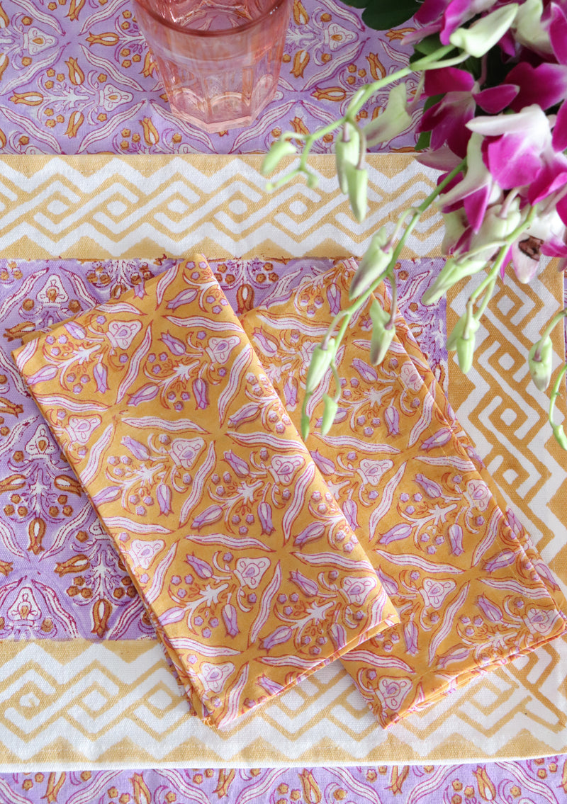 Yellow and lilac Block print napkins - Light weight dinner napkins - set of 6 napkins