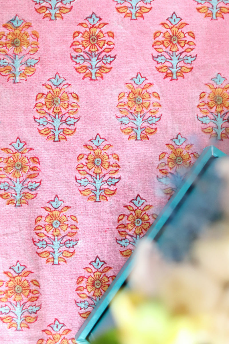 Pink floral tablecloth - 8 seater block print table cloth - 60x120 inches - Rani