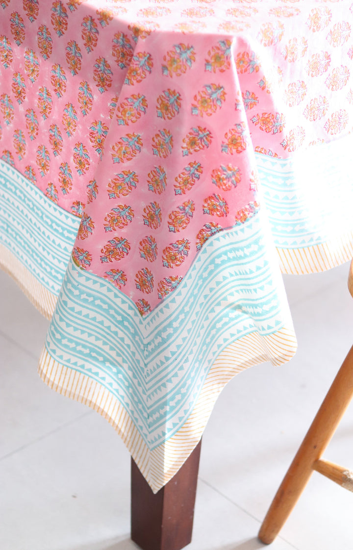 Pink floral tablecloth - 8 seater block print table cloth - 60x120 inches - Rani