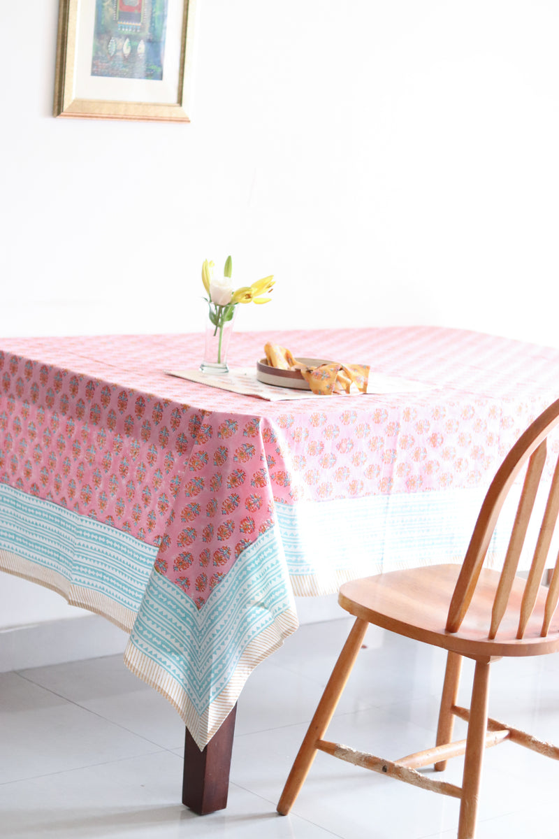 Pink floral tablecloth - 6 seater block print table cloth - 60x90 inches - Rani