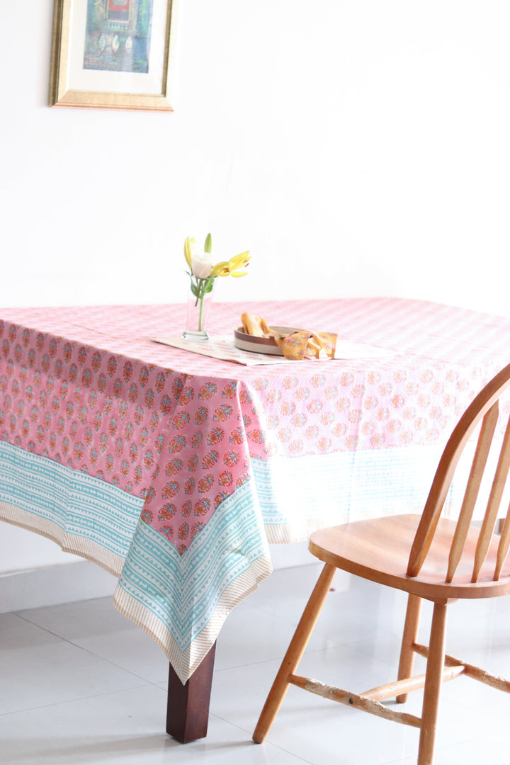 Pink floral tablecloth - 8 seater block print table cloth - 60x120 inches - Rani