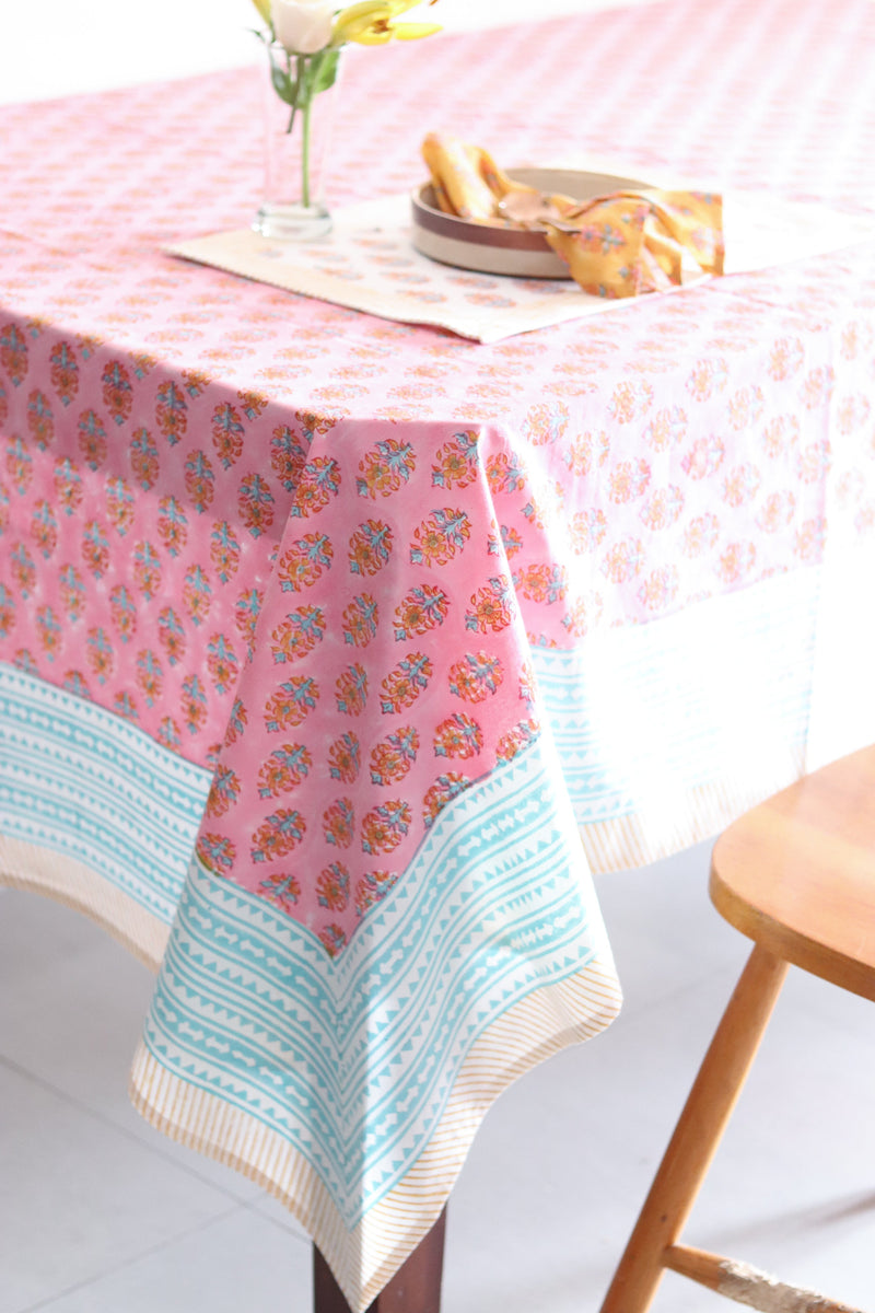 Pink floral tablecloth - 8 seater block print table cloth - 60x120 inches - Rani